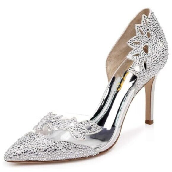 XYD Silver Pumps, Elegant Pointed Toe, D'Orsay Kitten Low Heels, Rhinestone Stu - Picture 1 of 8